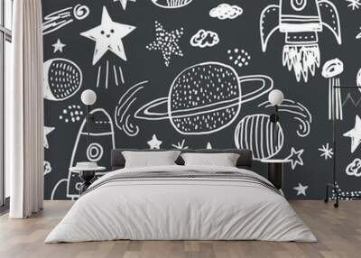 Seamless cosmic pattern with hand drawn space elements. Monochrome childish universe texture. Vector illustration Wall mural