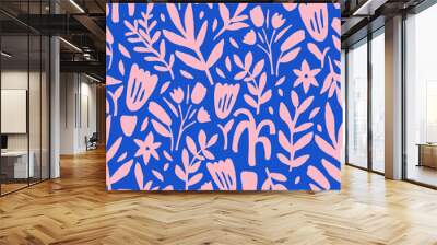 seamless floral pattern with hand drawn plant, flowers, leaves. trendy botanical blue texture for fa Wall mural