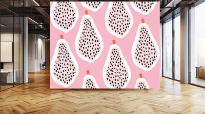 Seamless fruit pattern with creative papaya. Abstract pinksummer fruit background. Great for fabric, textile, apparel. Vector illustration Wall mural