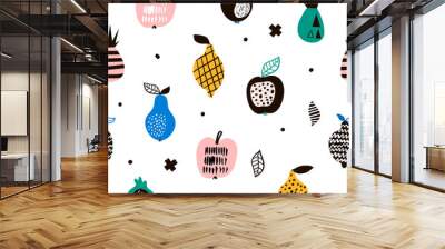 Seamless pattern with creative modern fruits. Hand drawn trendy background. Great for fabric and textile. Vector Illustration Wall mural