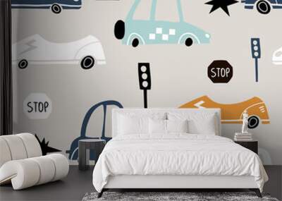 Seamless pattern with hand drawn cute car. Cartoon cars, road sign,zebra crossing vector illustration.Perfect for kids fabric,textile,nursery wallpaper Wall mural