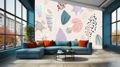 Seamless pattern with pastel hand drawn seashells. Creative marine texture. Great for fabric, textile Vector Illustration Wall mural