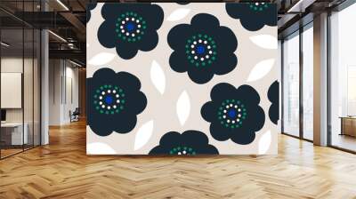 Seamless pattern with retro style bold flowers. Trendy black floral  texture. Vector illustration Wall mural