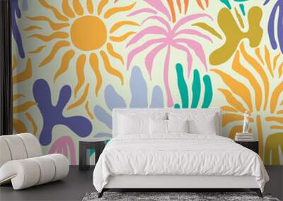 Seamless tropical abstract pattern with sun, palm tree, leaves. Summer texture. Vector illustration Wall mural