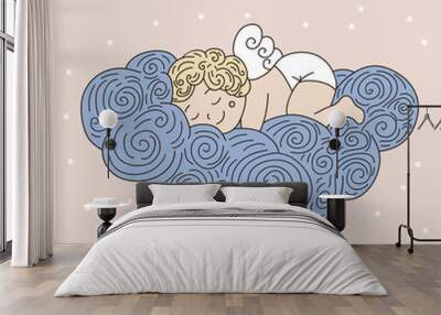 Sleeping angel on cloud. Vector hand drawn illustration with sleeping angel. Cute cartoon character angel Wall mural