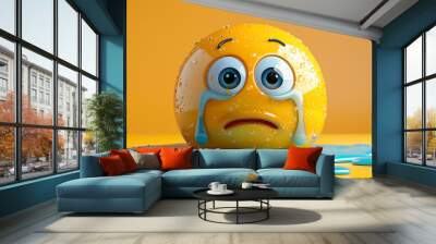 A cute and sad emoji with tears, melting on the floor. It is depicted as an yellow sphere with large blue eyes that have tear drops in them. Wall mural