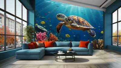 A sea turtle swims amidst vibrant coral reefs, surrounded by various fish, under the serene, sunlit ocean. A captivating underwater scene

 Wall mural