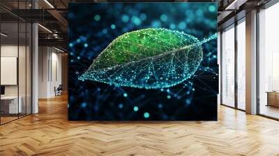 Abstract concept of an AI-inspired leaf made from interconnected dots and lines, symbolizing the digital network that drives environmental data in green technology Wall mural