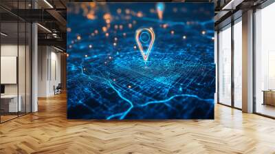 Digital map with a location pin icon on a city background, with blue glowing lines and dots for a technology concept Wall mural