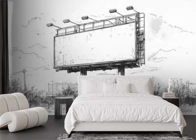 hand drawn sketch of a large billboard in a city setting The billboard is empty creating a space for advertising The sketch captures the urban environment including buildings and foliage Wall mural