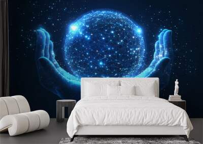 Hands holding a glowing blue digital sphere with light particles on a dark background, a futuristic technology concept Wall mural