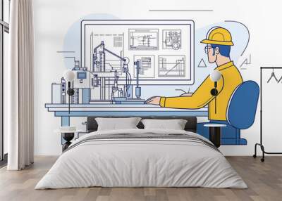 Vector flat illustration of an engineer in the office on their desk are drawings and blueprints for factory machinery Wall mural