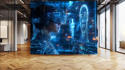 Woman in VR headset interacting with digital interface Wall mural