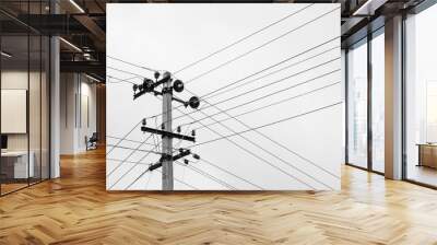 Power lines in black and white - Power transmission lines form a crisscross pattern around a transmission pole on a cloudy day. Black and white image. Wall mural