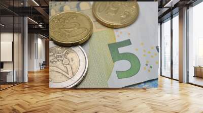 close up of various coins and euro banknotes Wall mural