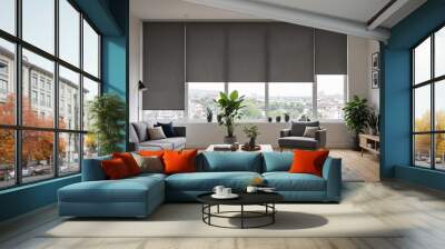 Gray blackout roller blind on windows in stylish modern living room. Shutters on the plastic window. Wall mural