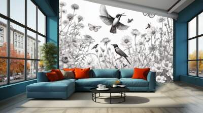 Hand drawn black and white blooming flowers, butterflies, birds on blank background. Monochrome floral composition in vintage style. Generative Ai Wall mural