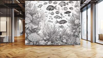 Hand drawn underwater natural elements. Sketch of reef corals and swimming fishes. Monochrome horizontal illustration of sea life. Black and white coloring page. Generative Ai Wall mural