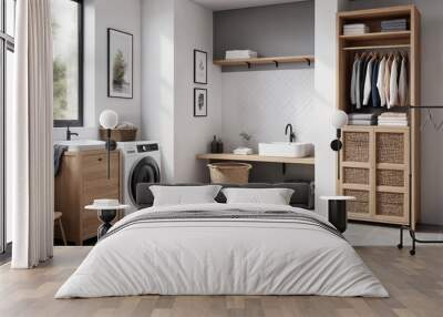 Interior of laundry room with washing machines and dirty clothes Wall mural