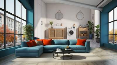 Interior of laundry room with washing machines and dirty clothes Wall mural