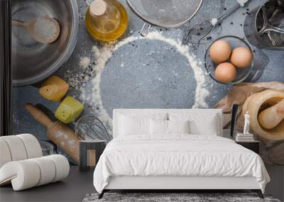 Set of kitchen utensils with products on gray-blue background. Cooking master classes. Copy space. Wall mural