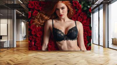 Sexy woman with red hair in black lingerie bra lying on carpet from red rose's buds and petals Wall mural