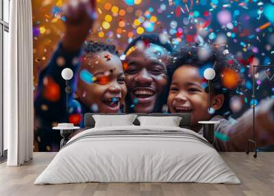  Portrait of dad and sons African Americans happy hugging together under confetti rain on birthday party. They smiling and laughing at camera. Family values, childhood time and party concept Wall mural