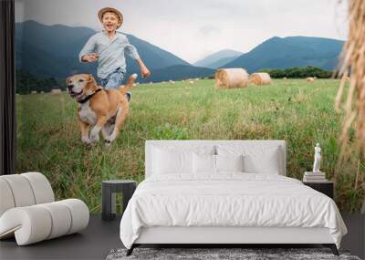 Boy and dog run together on the field with haystacks Wall mural