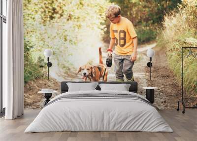 Boy walks with his beagle dog on the country road. Wall mural