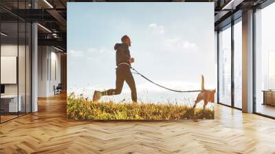 Canicross exercises. Man runs with his beagle dog at sunny morning. Healthy lifestyle concept. Wall mural