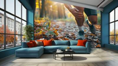 Close-up image of young runner athlete on the running path standing and feeling acute knee pain while morning jogging in summer park. Active people and human body issues concept image. Wall mural