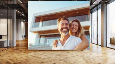 Happy caucasian couple happy warmly smiling and hugging Together in Front of their new modern Home. Architectural buildings, Moving, rental real estate, bank mortgages, Family togetherness concept. Wall mural