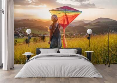 Little girl enjoying the sunset on the meadow grass and preparing colorful rainbow kite toy for flying. Happy childhood moments or outdoor time spending concept image. Wall mural