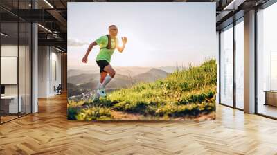 Middle-aged mountain trail runner man dressed bright t-shirt with a backpack in sports sunglasses endurance running uphill by picturesque hills at sunset time. Sporty active people concept image. Wall mural