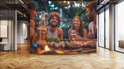 Young people having fun while they sitting at table and drinking beer on the house backyard at evening houts. They are talking, joking and relaxing after hard working days Wall mural