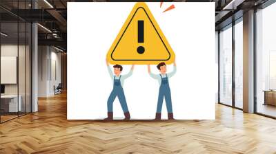 young man holding caution warning signs. important announcement, attention or warning information, b Wall mural