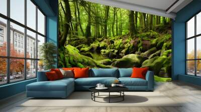 green moss covering Beautiful pine and fir forest Wall mural