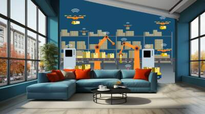 An automated delivery service store with robots, carriers and drones connected by Internet of Things,  IoT. Artificial intelligence optimizes the handling. Wall mural