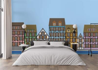 Northern European half-timbered houses. Colorful house facades on the river bank. Wall mural