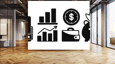 black and white finance icons with wallet, dollar symbol, bar graph, plant, briefcase, piggy bank Wall mural