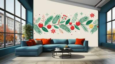 Christmas background with holly and berries, Christmas background with snowflakes Wall mural