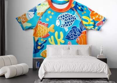 Colorful printed rash guard for boys, isolated on a solid white background Wall mural