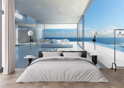 Contemporary beach home with a sleek design and a glass-walled living room, offering breathtaking ocean vistas, isolated on solid white background. Wall mural