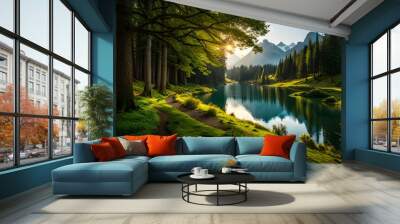 lake and mountains generated by AI technology Wall mural