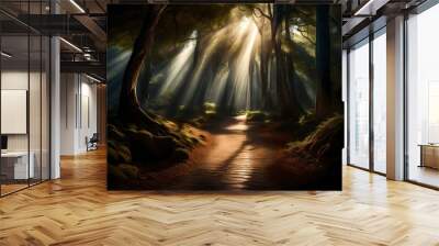 sun rays in the forest generated by AI technology Wall mural