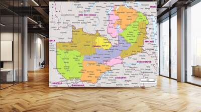 Detailed political map of Zambia Wall mural