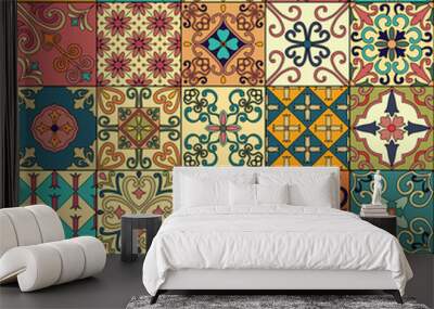 Seamless pattern with portuguese tiles in talavera style. Azulejo, moroccan, mexican ornaments. Wall mural