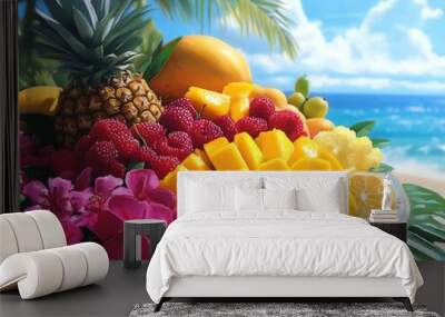 A fruit platter with tropical fruits like mangoes and pineapples, with a beach view in Bali as the backdrop Wall mural