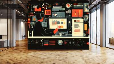 Computer science vector, showing a programmer coding on a computer, surrounded by data charts and symbols Wall mural