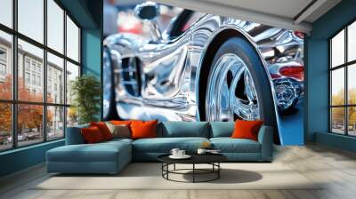 Sports car show details: Close-up of a polished chrome sports car with custom wheels at an automotive exhibition Wall mural